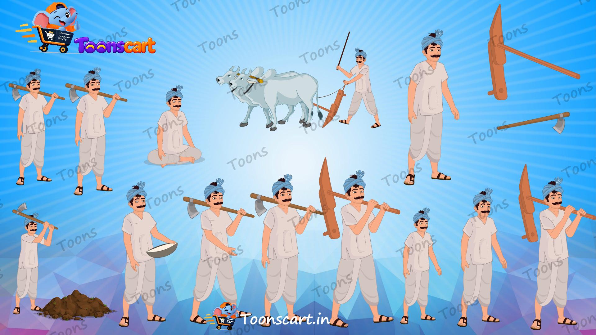 Indian Village Poor Kisan Farmer Animated Human Character