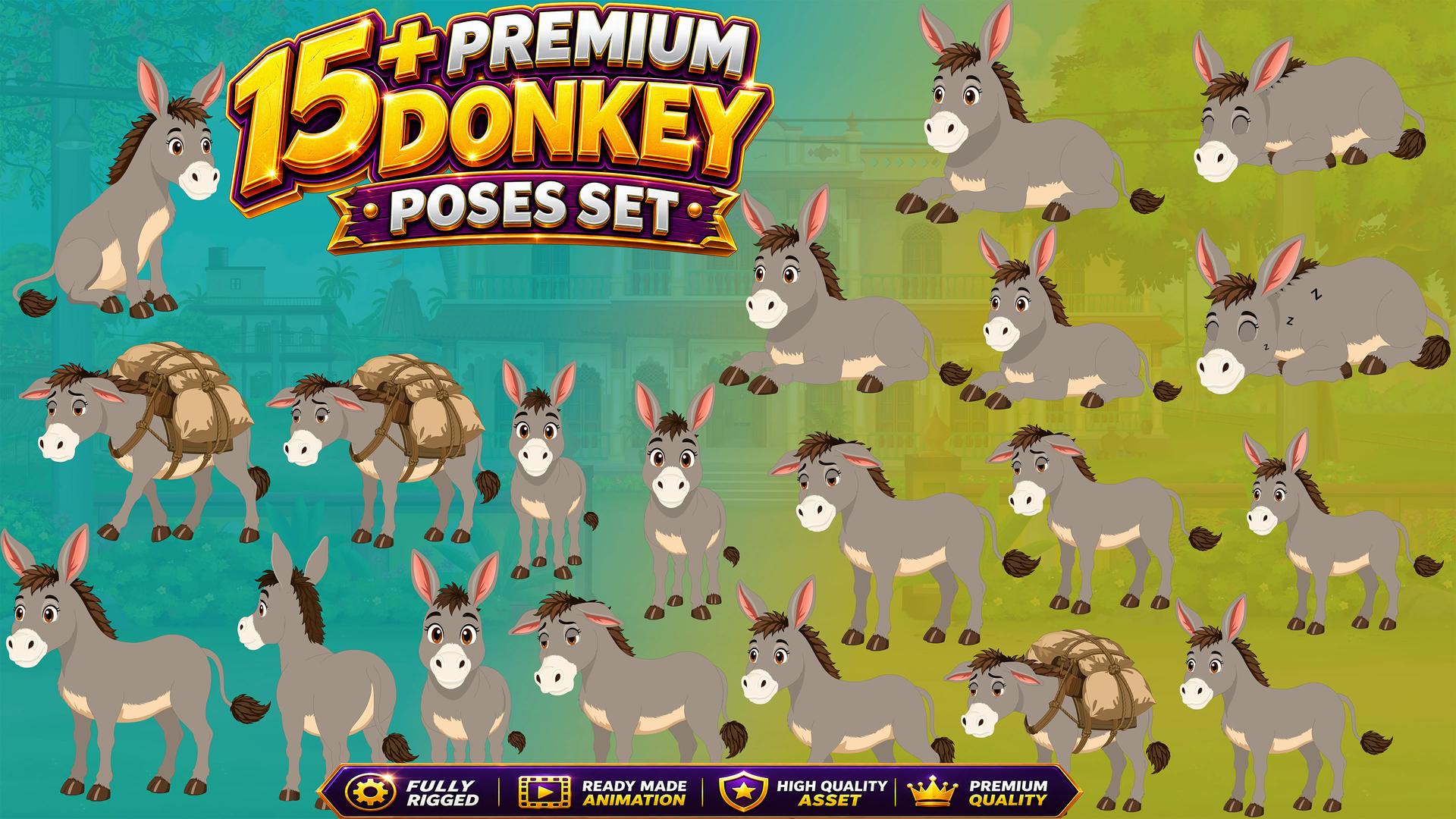 Premium 15+ Donkey(Gadha) Poses Set Animated Animal Character
