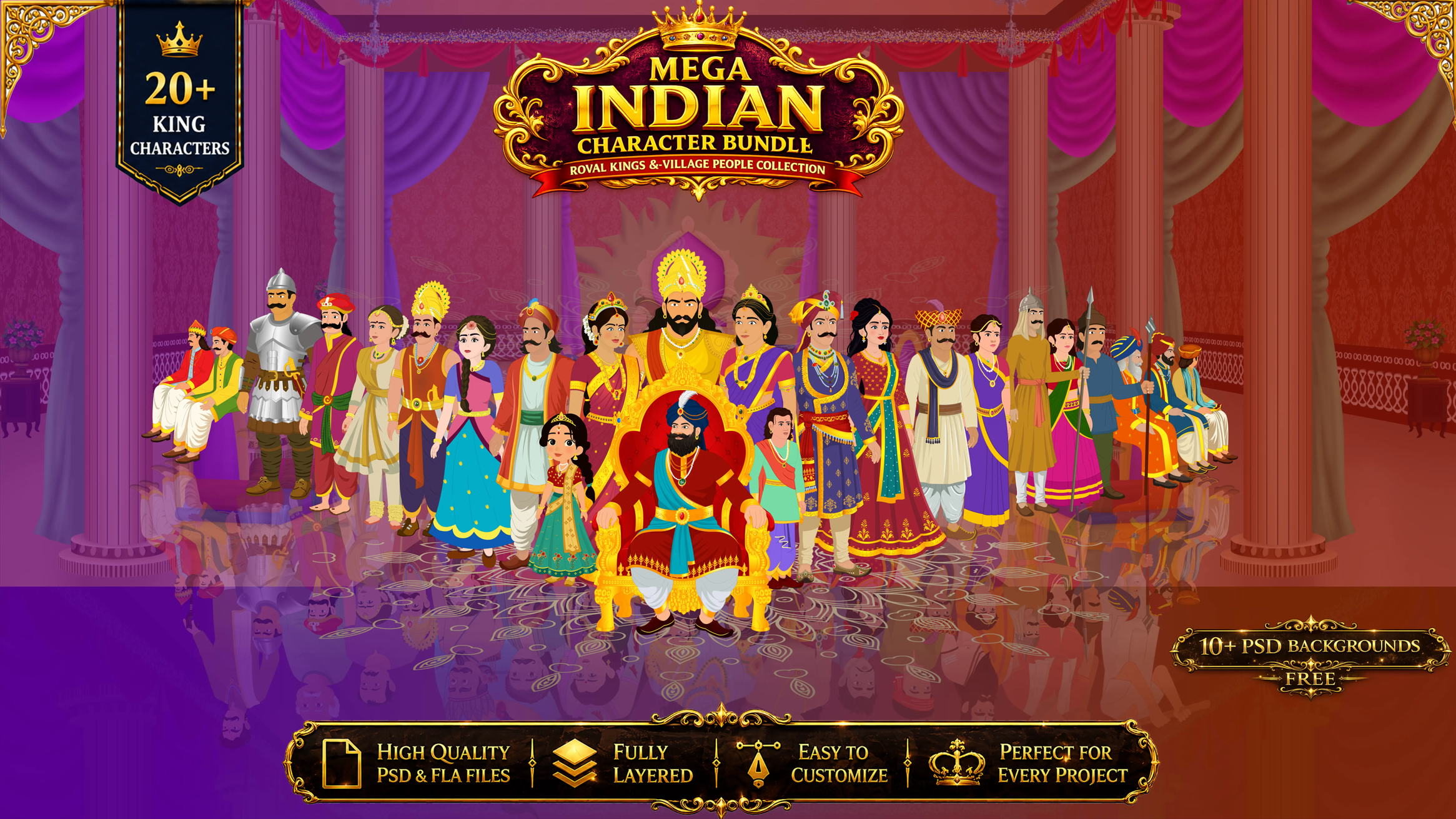 The Ultimate King Pack:20+ Character and 10+ PSD Backgrounds Including King, Queen, Raja, Rani, Mantri, Sainik, Sipahi, Princess kid, Raj Darbari, Old King and High Quality Backgrounds