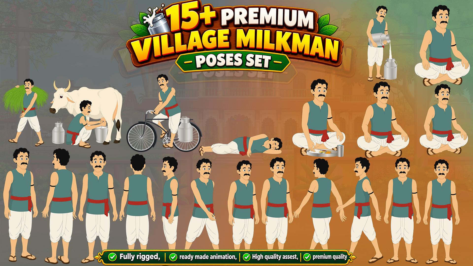 Premium 15+ Village Man Milkman Poses Set Animated Human Character