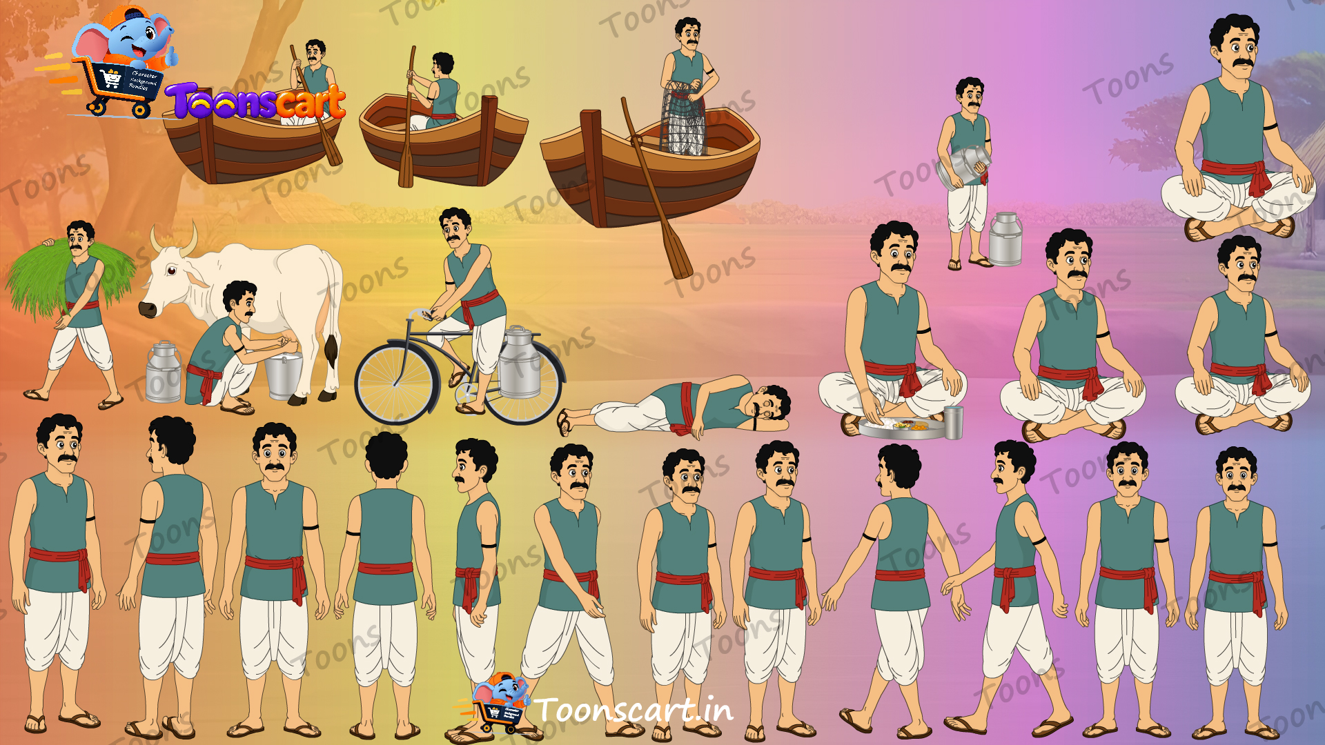 Premium Indian Village Milkman And Fisherman Animated Human Character