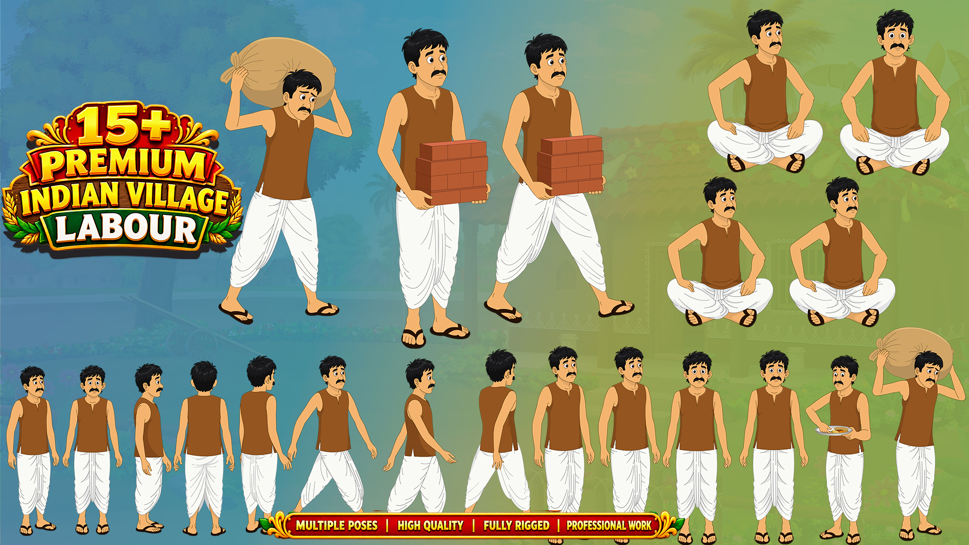 Premium 15+ Indian village man Labour(Mistri) Animated Human Character